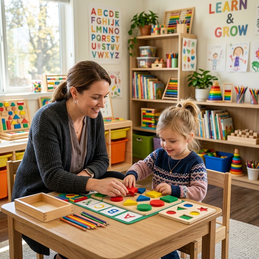 Teacher helping child learn